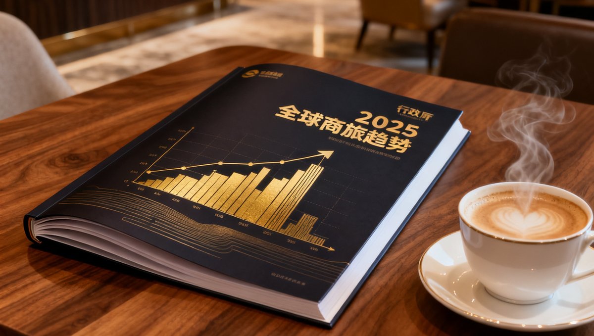 一份打开的商旅趋势报告封面，深色背景上印有金色图表和'2025全球商旅趋势'标题，报告放置在行政酒廊的木质桌面上，旁边有一杯咖啡。