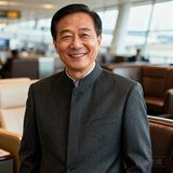 一位五十岁左右的中国商务人士半身肖像照，穿着深灰色定制西装，面带微笑，背景为模糊的机场贵宾室环境。